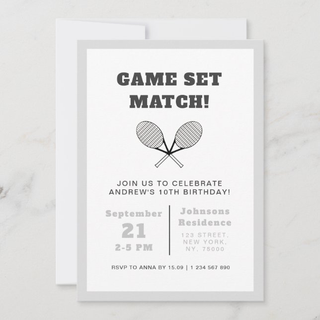 Invitation Élégant Tennis Thème Enfants Garçons Fête Annivers (Devant)