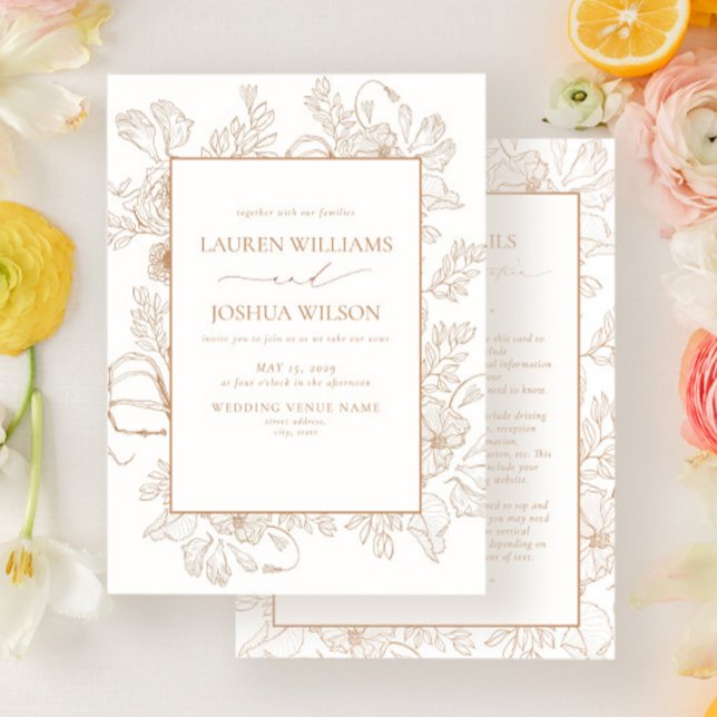 Invitation Élégant Terracotta Floral Line Détails Art Mariage (Créateur téléchargé)