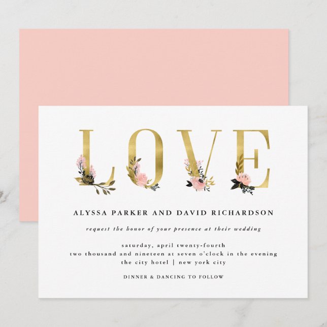 Invitation Élégant texte or floral | Mariage d'amour (Devant / Derrière)
