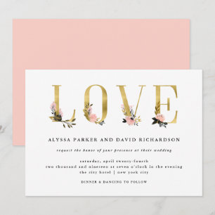 Invitation Élégant texte or floral Mariage d'amour