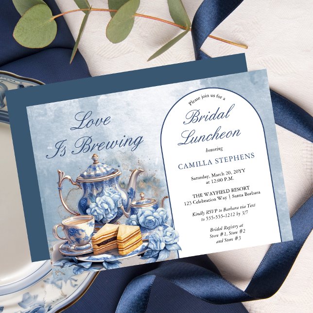 Invitation Elégant thé floral bleu set déjeuner nuptial thé (Elegant Blue Floral Teacup Bridal Shower Tea Landscape Invitation)