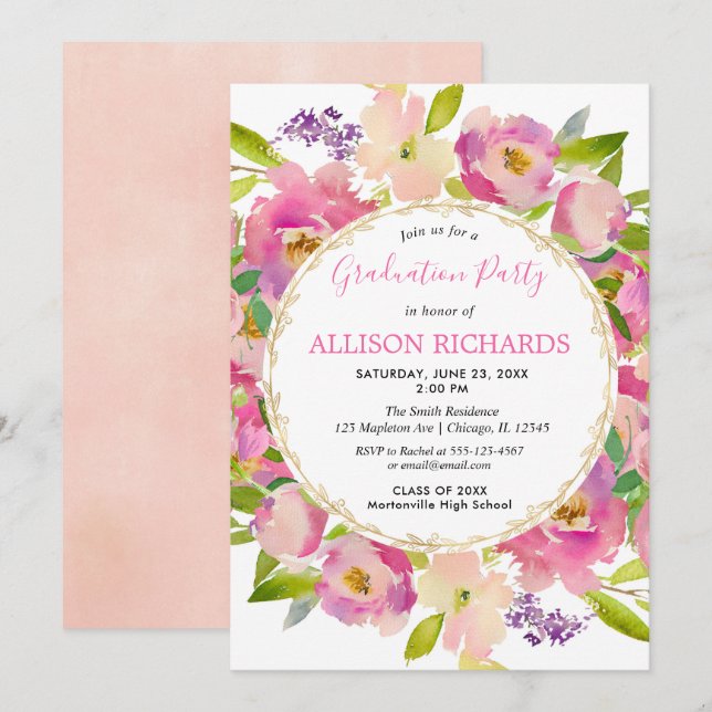 Invitation Elégant thème jardin fleurie rose fête de graduati (Devant / Derrière)