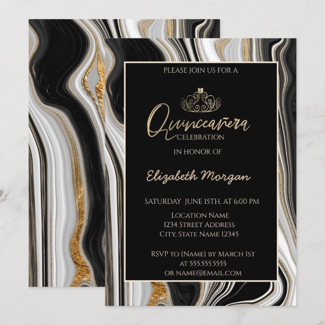 Invitation Elégant Tiara d'or moderne, Marbre d'or noir (Devant / Derrière)