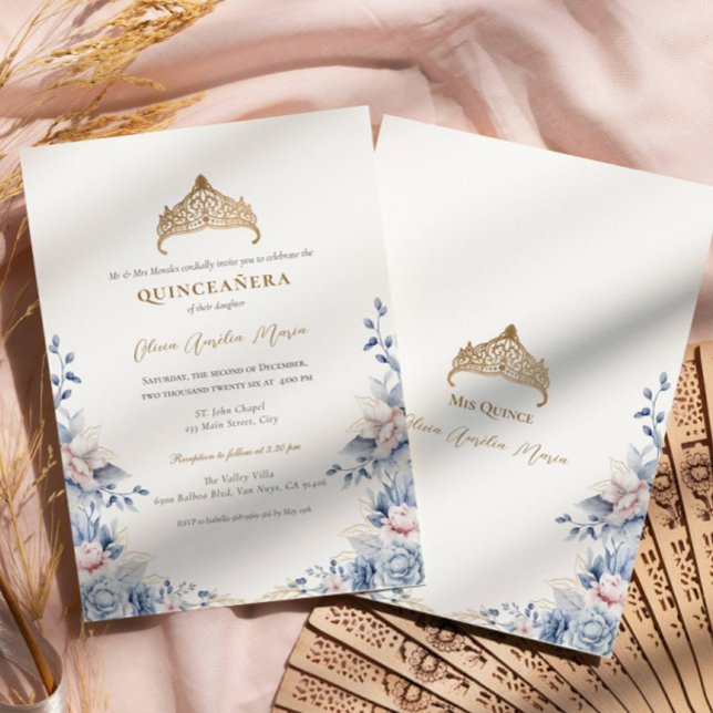 Invitation Elégant Tiara Gold Blue roses Quinceañera (Créateur téléchargé)