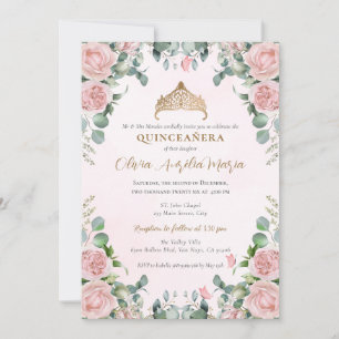 Invitation Elégant Tiara Gold Rose Blush rose Quinceañera