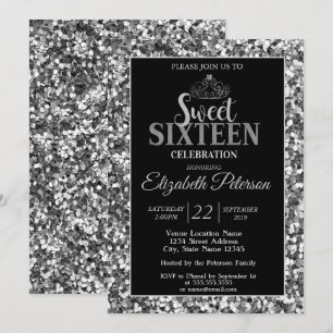Invitation Élégant Tiara, Silver Sequins Sweet 16 Part