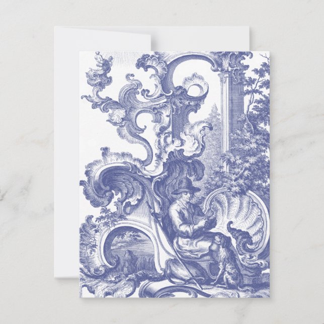 Invitation Elégant Toile Baroque Bleue Française (Devant)