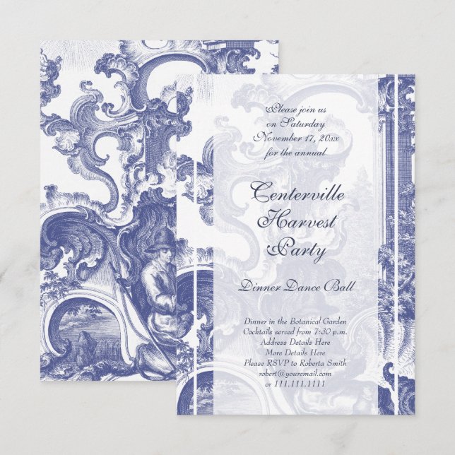 Invitation Elégant Toile Baroque Bleue Française (Devant / Derrière)