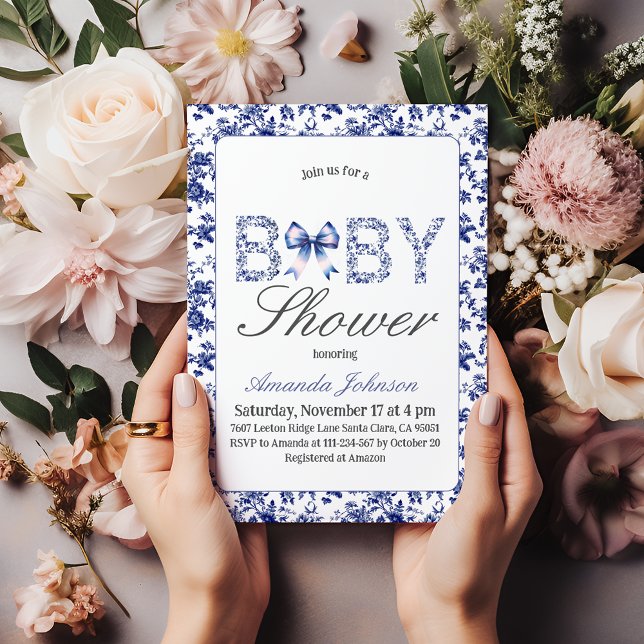 Invitation Elégant Toile Bleue de Jouy et Baby shower Bow (Créateur téléchargé)