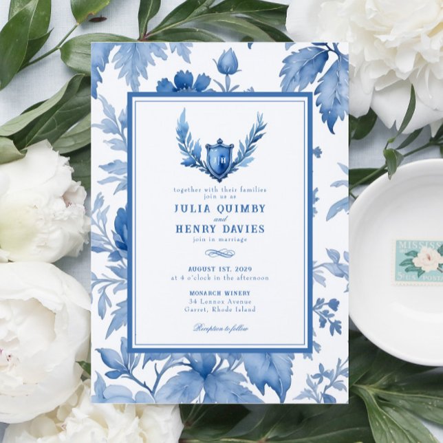 Invitation Élégant Toile Florale Périwinkle Blue Crest Mariag (Créateur téléchargé)