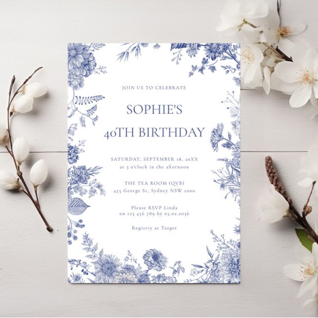 Invitation Elégant Toile Français Bleu toile 40e anniversaire (Créateur téléchargé)