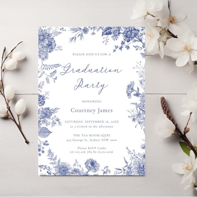Invitation Elégant Toile Français Blue toile fête de graduati (Créateur téléchargé)