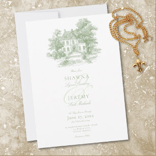 Invitation Élégant Toile Vert Sauge Mariage Manoir Français