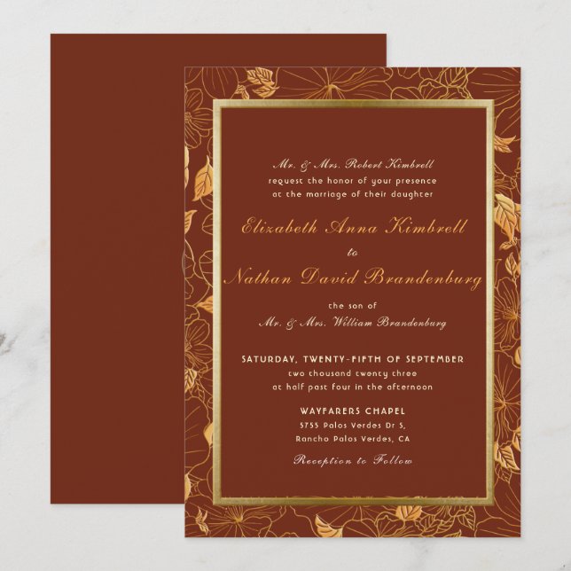 Invitation Élégant Tone Terre Terracotta Gold Floral Mariage (Devant / Derrière)