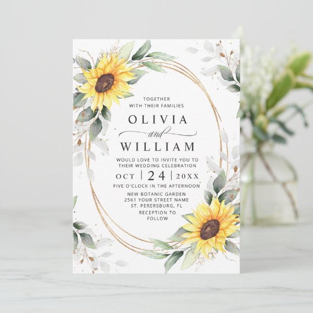 Invitation Elégant Tournesol Aquarelle Mariage (Debout devant)