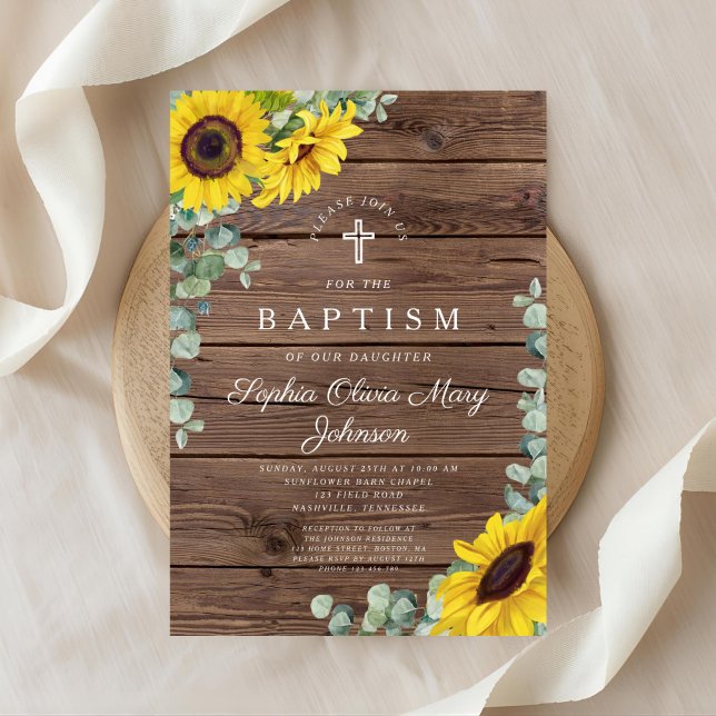 Invitation Élégant tournesol Croix Baptême (Elegant Sunflowers Cross Baptism Invitation)