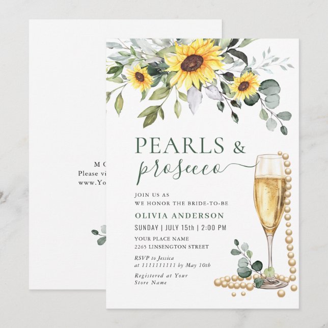 Invitation Elégant tournesol Eucalyptus PEARLS & Prosecco (Devant / Derrière)
