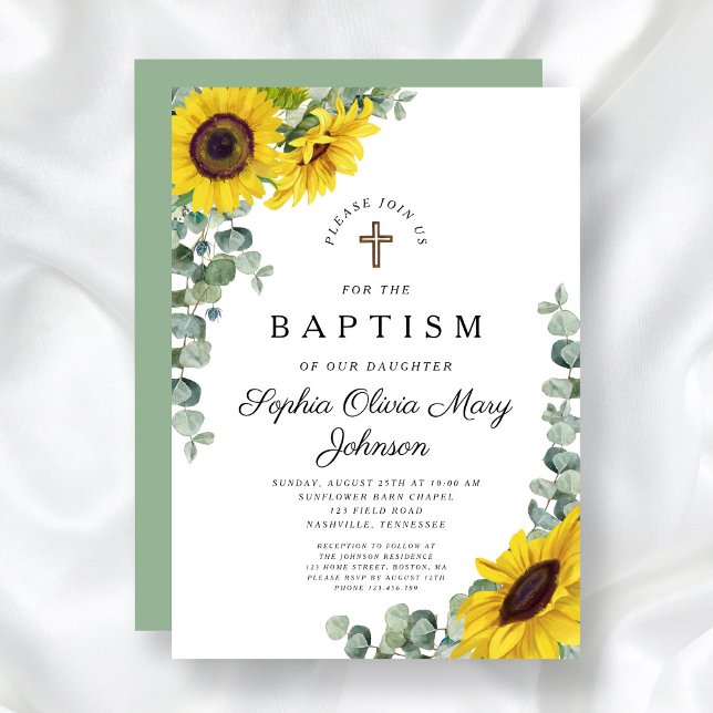 Invitation Élégant tournesol floral Baptême religieux (Elegant Floral Sunflower Religious Baptism Invitation)
