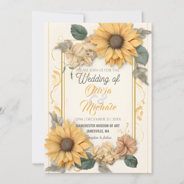 Invitation Elégant Tournesol Neutre Mariage Cadre de verdure (Devant)