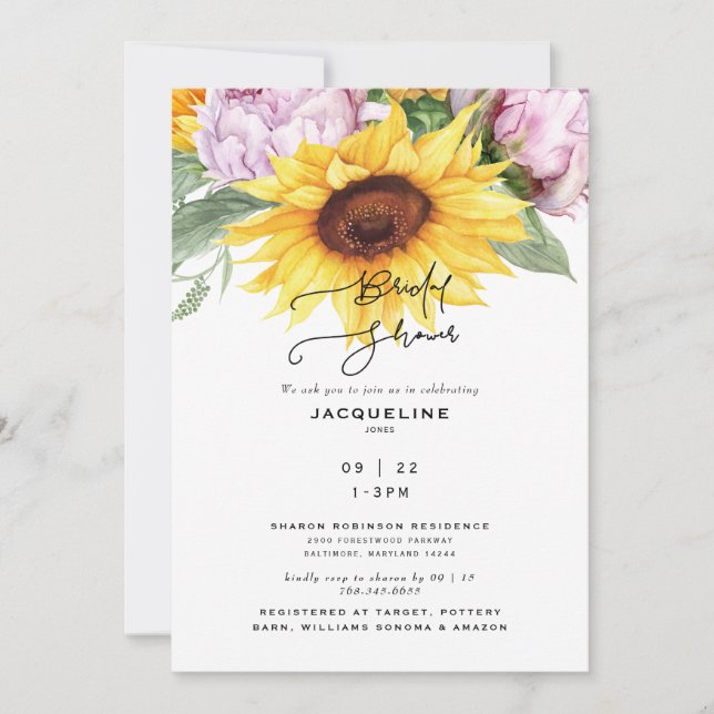 Invitation Elégant tournesol & pivoines Fête des mariées blan (Devant)