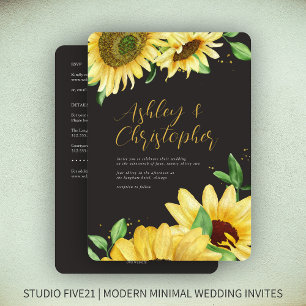 Invitation Élégant tournesol rustique noir Mariage tout-en-un