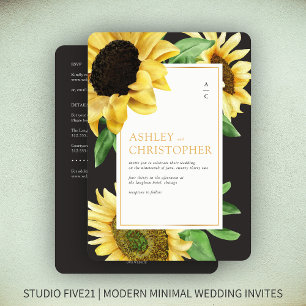 Invitation Élégant tournesol rustique noir Mariage tout-en-un