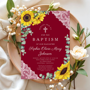 Invitation Élégant Tournesols Bourgogne Fille Baptême