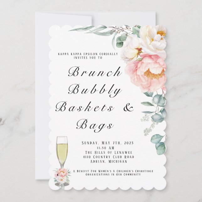 Invitation Elégant tourteau rose Eucalyptus Brunch et Bubbly (Devant)
