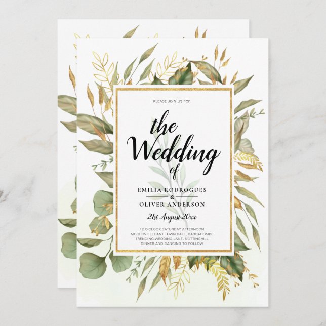 Invitation Élégant tout-en-1 Mariage Feuille or verdoyant (Devant / Derrière)
