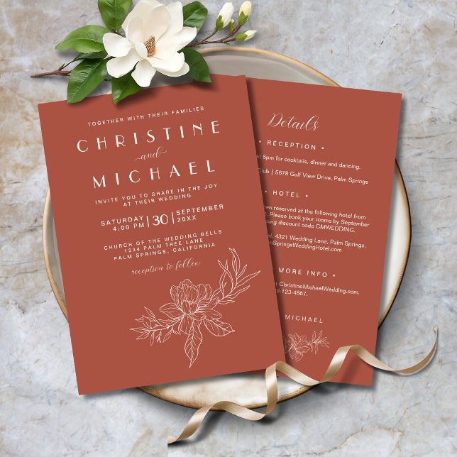 Invitation Élégant tout en un Mariage BOHO en terre cuite (Terracotta Floral Elegant All-In-One BOHO Wedding Invitation with Magnolias, Wedding Details.)