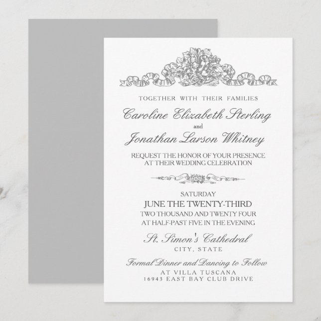 Invitation Élégant traditionnel | Mariage gris de Versailles (Devant / Derrière)