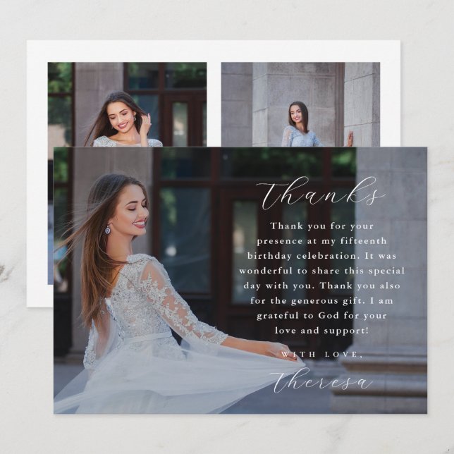 Invitation Elégant Trois Photo Quinceanera Merci (Devant / Derrière)