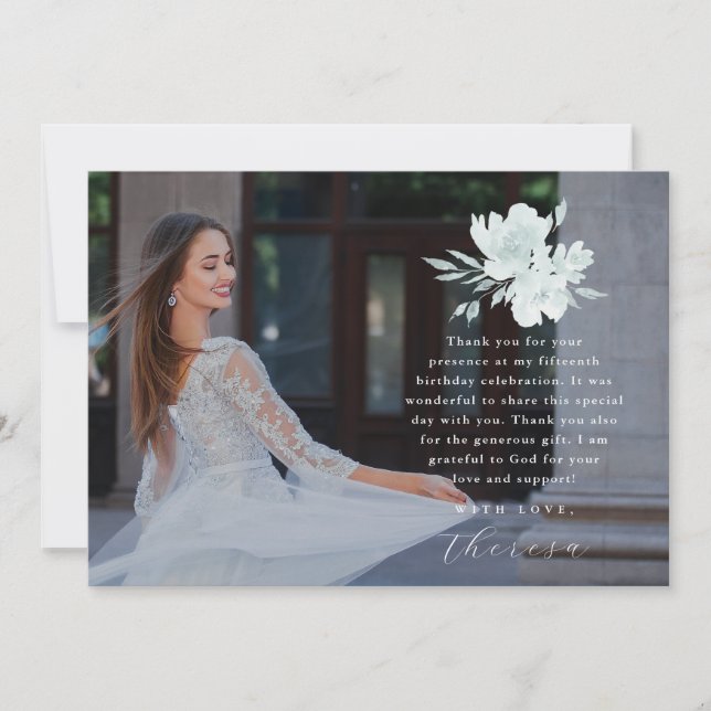Invitation Elégant Trois Photo Quinceanera Merci floral (Devant)