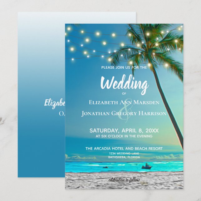 Invitation Elégant Tropical Beach String Lumières Palms Ombre (Devant / Derrière)