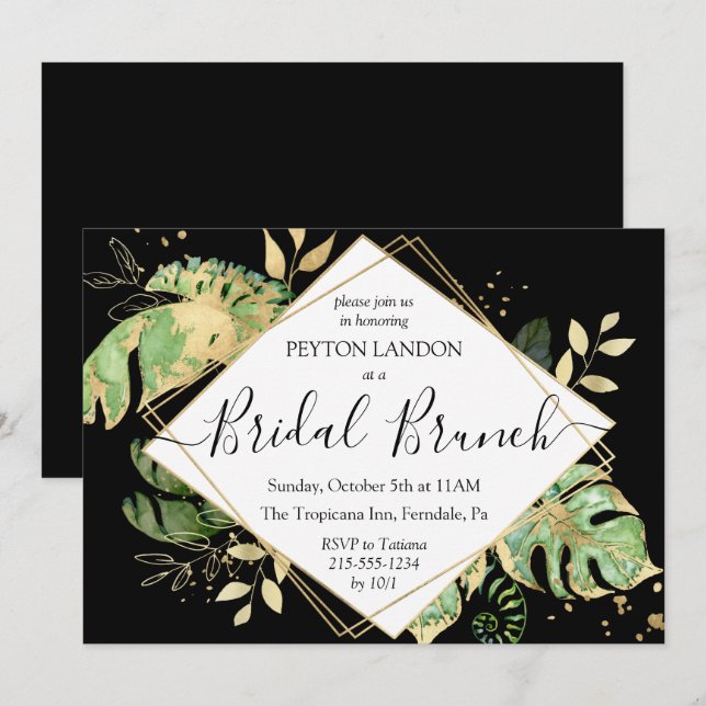 Invitation Elégant Tropical Black & Gold Bridal Brunch Douche (Devant / Derrière)