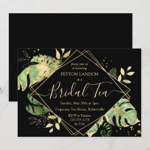Invitation Elégant Tropical Black & Gold Fête des mariées Tea