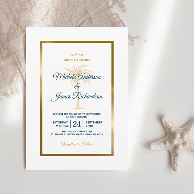 Invitation Elégant Tropical Blue Gold Palm Tree Beach Mariage (Créateur téléchargé)