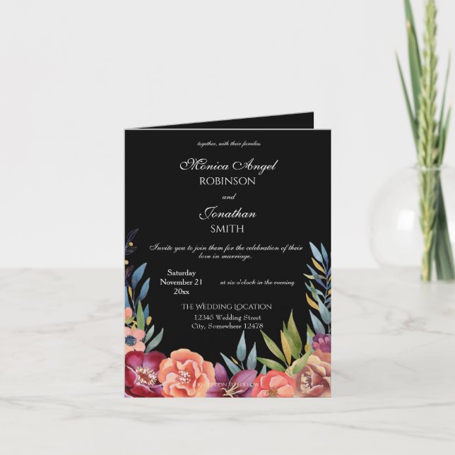Invitation Élégant Tropical Bourgogne Mariage noir plié (Devant)