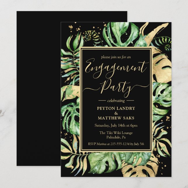 Invitation Élégant Tropical Gold & Black Engagement Party (Devant / Derrière)