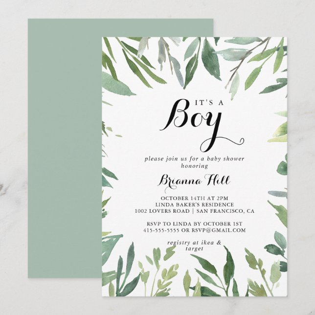 Invitation Elégant Tropical Green C'est un Baby shower garçon (Devant / Derrière)