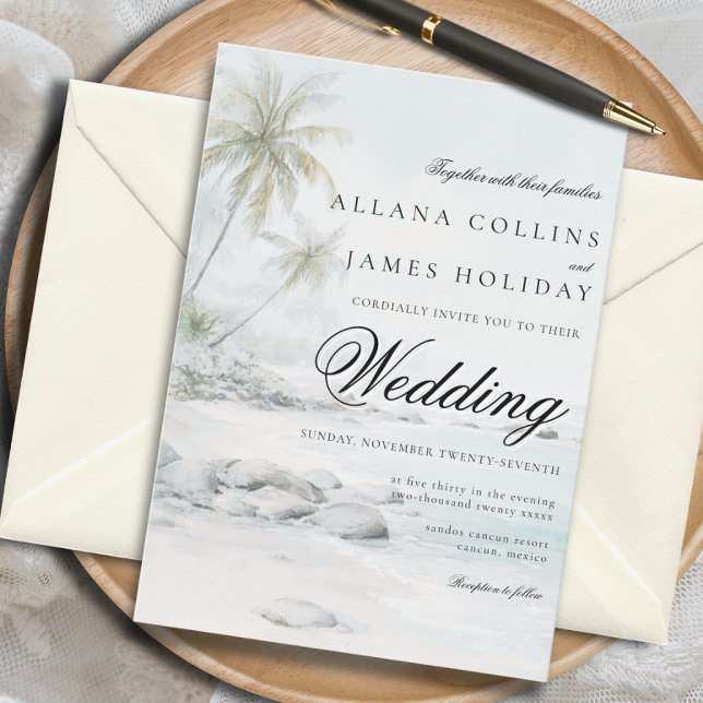 Invitation Elegant Tropical Palm Watercolor Beach Wedding (Créateur téléchargé)