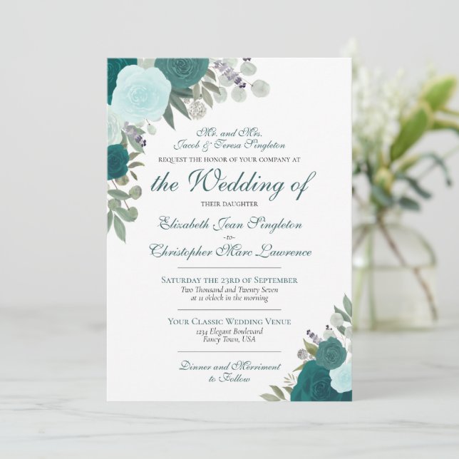 Invitation Elégant Turquoise Aqua Aquarelle Roses Mariage off (Debout devant)