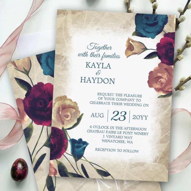 Invitation Élégant Turquoise, Beige Bourgogne Bouquets Rose M (burgundy, red, teal green beige botanical rose garden wedding invitations, summer roses wedding)
