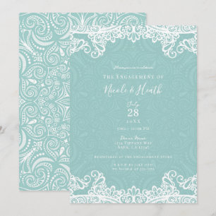 Invitation Élégant Turquoise Blanc Broderie Engagement  
