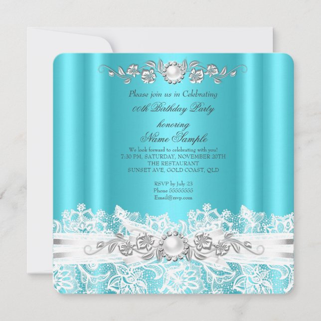 Invitation Elégant Turquoise Bleu Blanc dentelle Bijou Bow An (Devant)