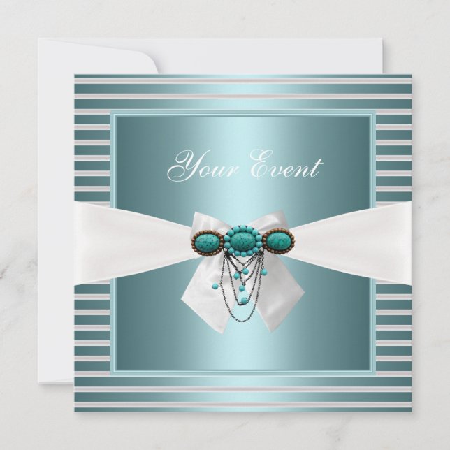 Invitation Elégant Turquoise Bleu Bleu Bleu Bijou Bow Blanc (Devant)