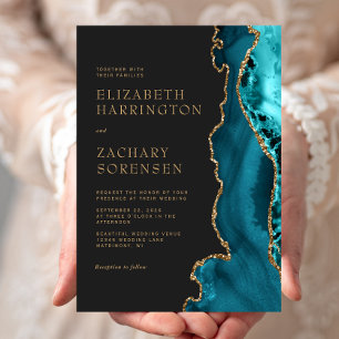 Invitation Élégant Turquoise Blue Agate Gold Mariage