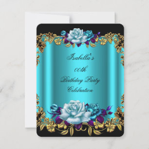 Invitation Elégant Turquoise doré bleu pourpre Roses Annivers