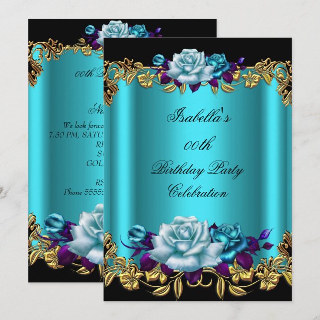 Invitation Elégant Turquoise doré bleu pourpre Roses Annivers (Devant / Derrière)