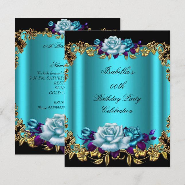 Invitation Elégant Turquoise doré bleu pourpre Roses Annivers (Devant / Derrière)